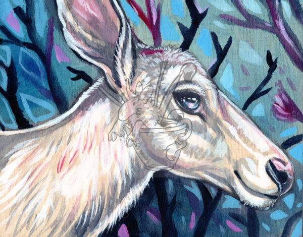 A white deer on a blue background with pink accents